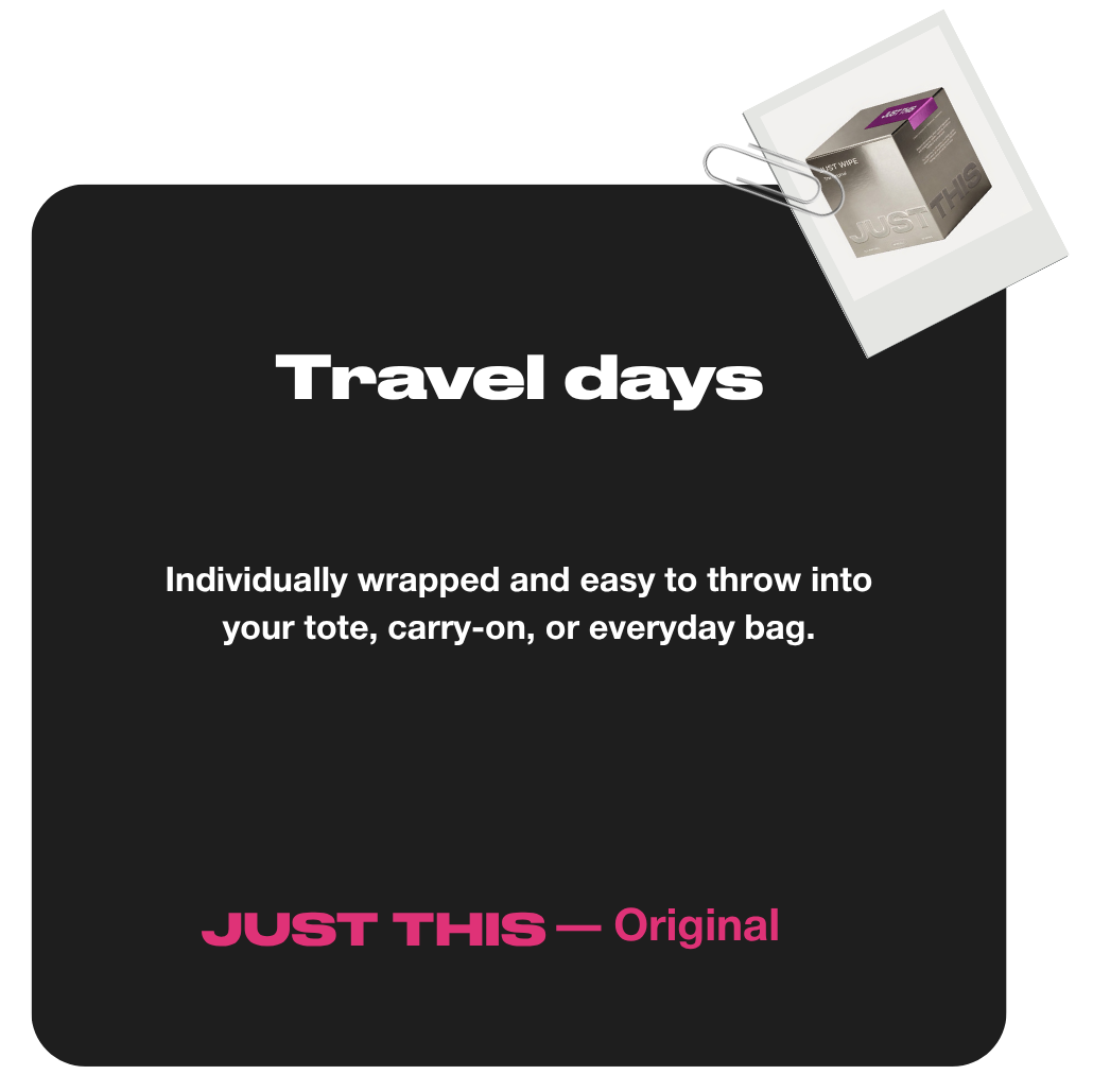 Black mat with text about travel days and a product image in the corner.